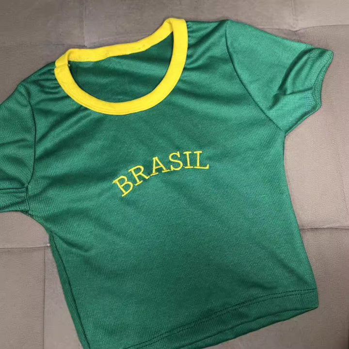 Women's Crop T-Shirt with Brazil lettering and colorful accents StylebySassy