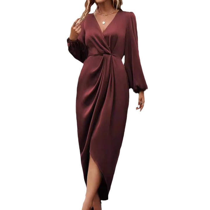 Women's tailored draped midi dress with V-neck, gathering, balloon sleeves, and side wrap slit StylebySassy
