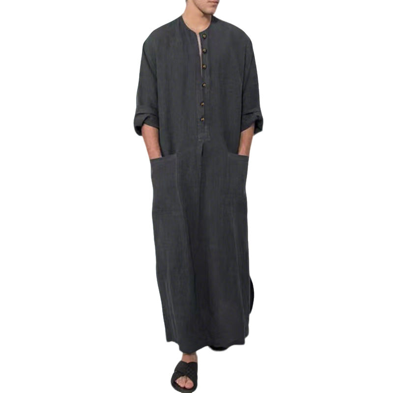 Men's wide long tunic-kaftan made of breathable linen with stand-up collar, button placket, and patch pockets StylebySassy