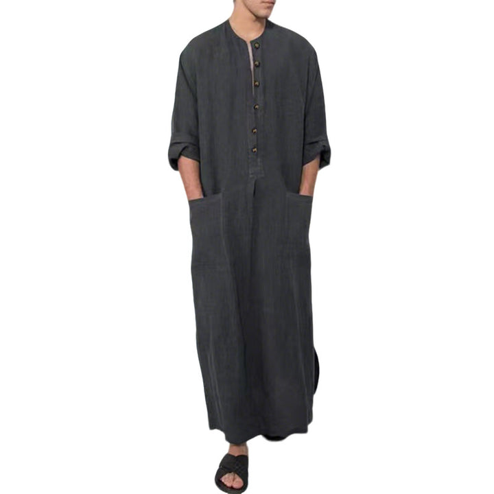 Men's wide long tunic-kaftan made of breathable linen with stand-up collar, button placket, and patch pockets StylebySassy