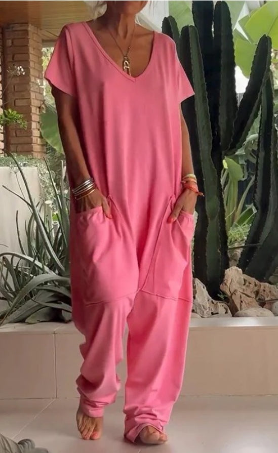 Women's comfortable oversized jumpsuit with V-neck, deep crotch and inset pockets StylebySassy