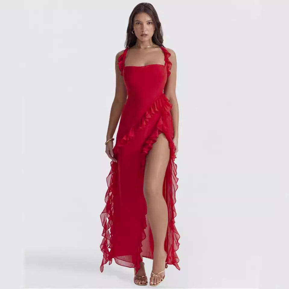 Women long evening dress with square neckline, shoulder ruffle straps, and high leg slits StylebySassy