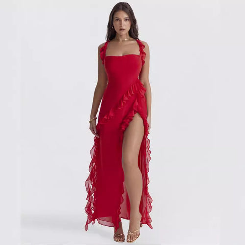 Women long evening dress with square neckline, shoulder ruffle straps, and high leg slits StylebySassy