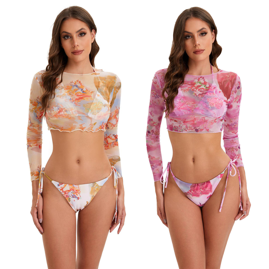 Women's bikini set with long-sleeve crop top and floral design StylebySassy
