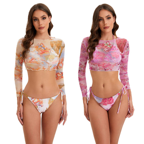 Women's bikini set with long-sleeve crop top and floral design StylebySassy
