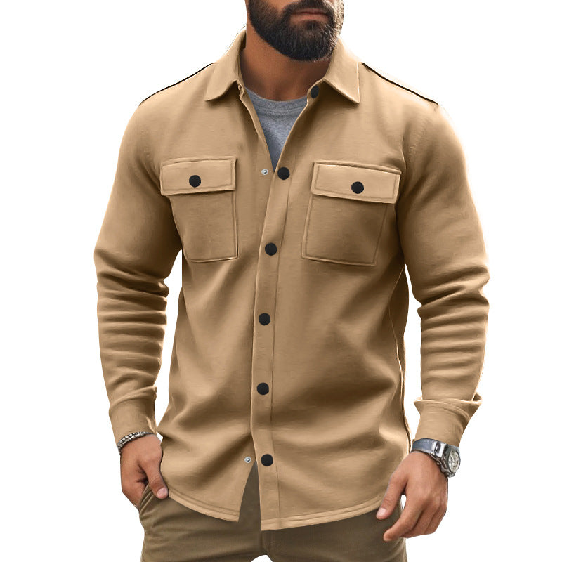 Men's sturdy wool fleece overshirt jacket with patch breast pockets and snap button placket StylebySassy