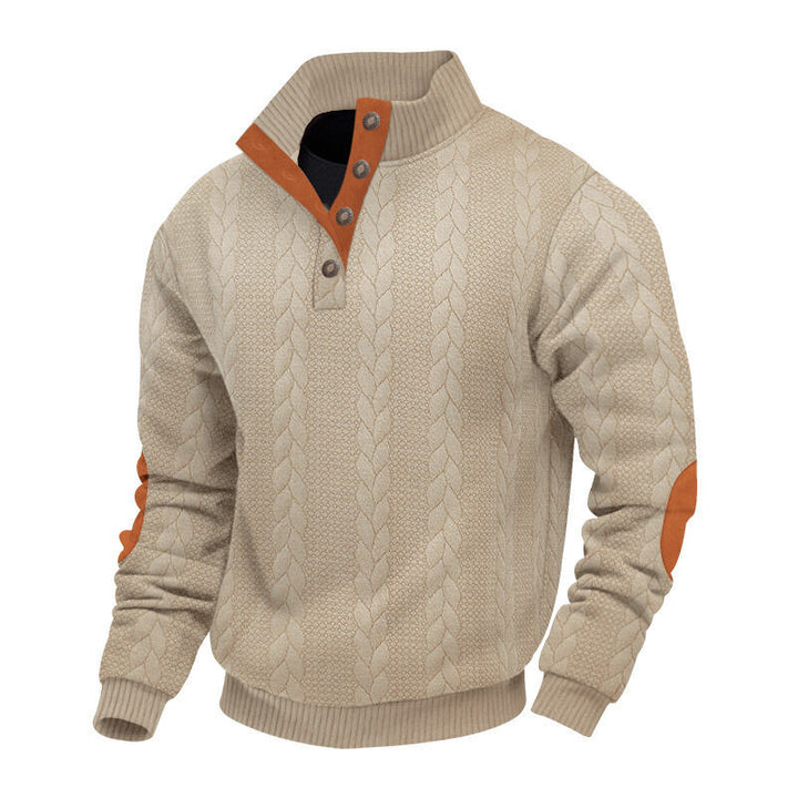 Men's chunky cable knit Troyer with button placket and suede elbow patches StylebySassy