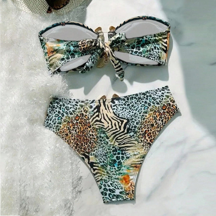 Women's bandeau bikini with animal print and decorative closure StylebySassy