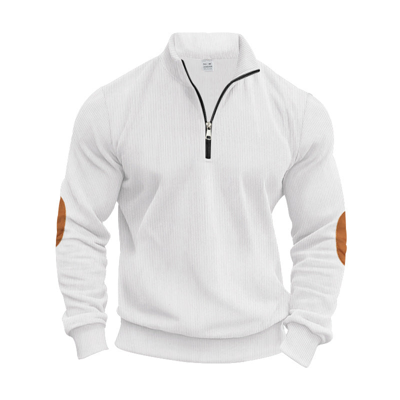 Men's structured cotton knit pullover with half zipper and elbow patches StylebySassy