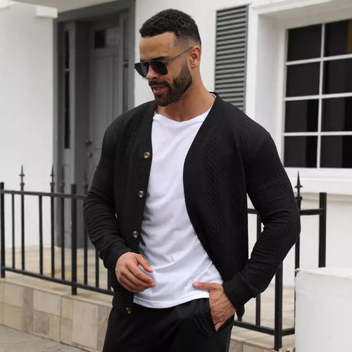 Men's elegant braided knit cardigan with V-neck button placket and patch pockets StylebySassy