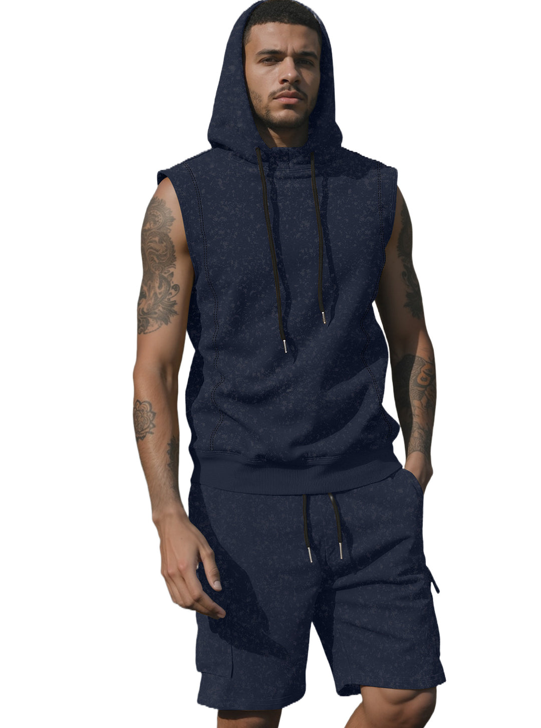 Men's Hooded Muscle Shirt Set with Functional Cargo Bermuda StylebySassy