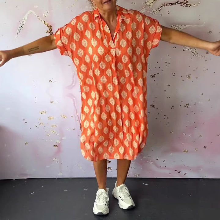 Women's NAN legeres Kaftan-mid dress with shirt collar V-neck short batwing sleeves and side insert pockets StylebySassy