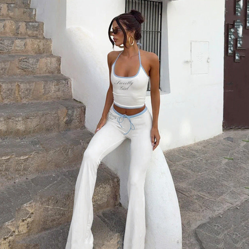 Women Casual Sleeveless Set with High Cut Top and Wide Leg Pant