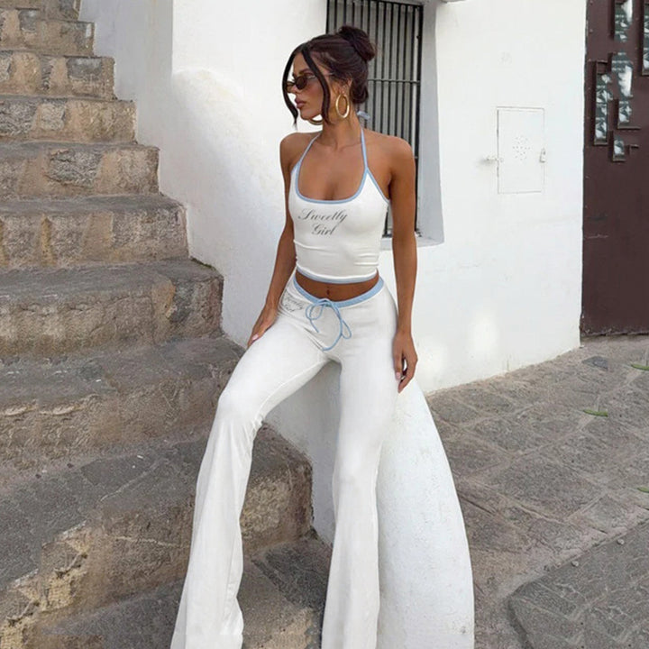 Women Casual Sleeveless Set with High Cut Top and Wide Leg Pant