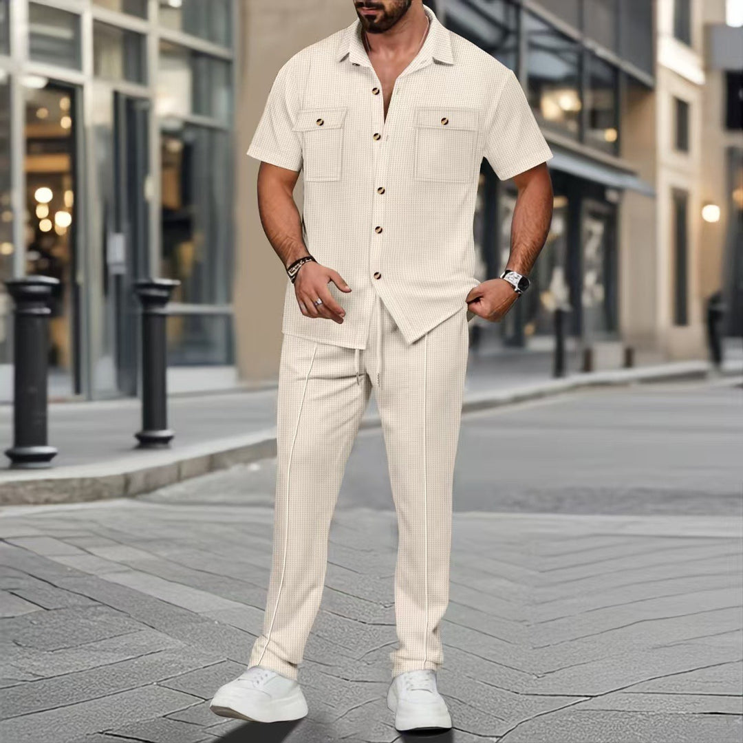 Men's casual two-piece set with open lapel shirt, chest pockets, and tapered drawstring pants StylebySassy