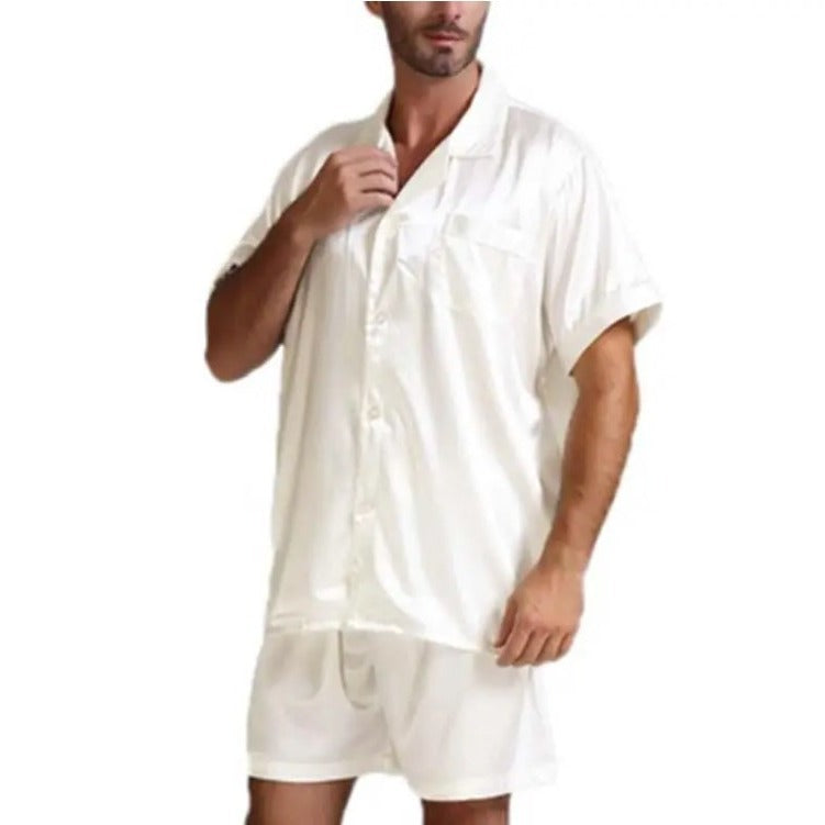 Unisex nan silky-shiny short-sleeve pajama set with shirt collar and elastic waistband StylebySassy