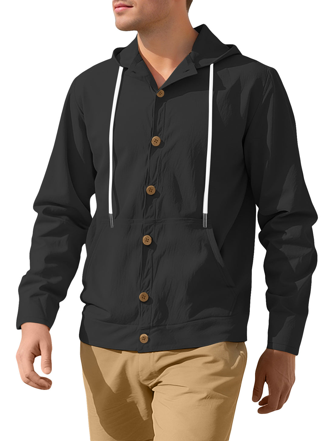 Men's lightweight hoodie jacket with button placket, kangaroo pocket, and drawstring StylebySassy