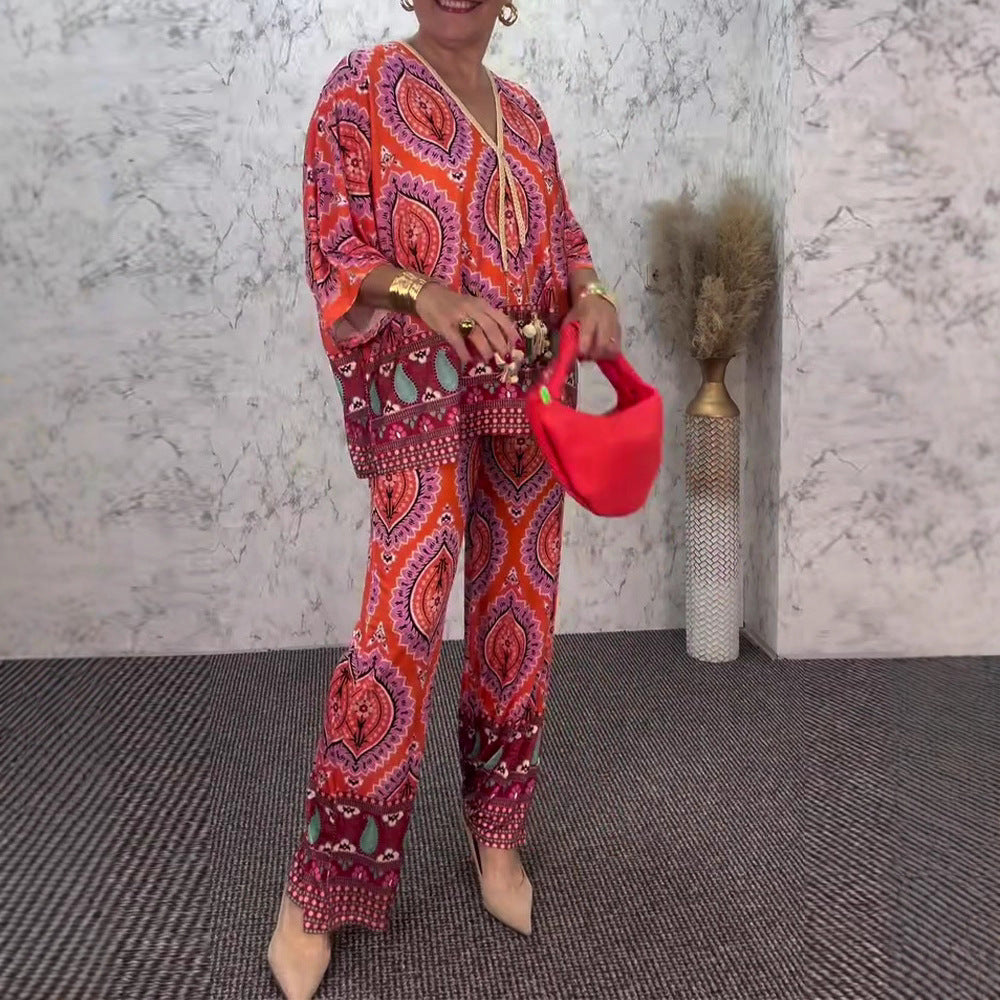 Ladies relaxed tunic and palazzo pants set with V-neck fringe band and wide leg StylebySassy