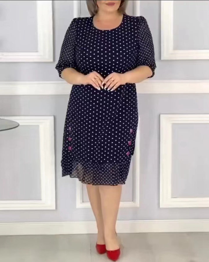 Women's Chiffon Midi Dress with Polka Dot Pattern, Half-Length Puff Sleeves, Side Floral Embroidery, and Gathered Ruffled Hem StylebySassy