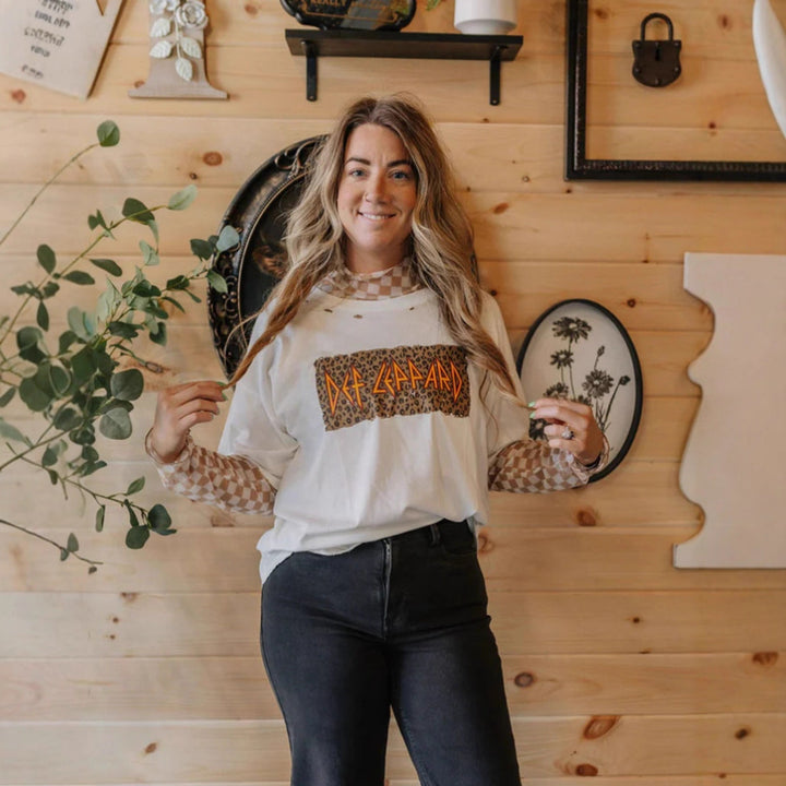 Women's casual layered t-shirt with retro band print, used look and checked mesh long sleeve top StylebySassy
