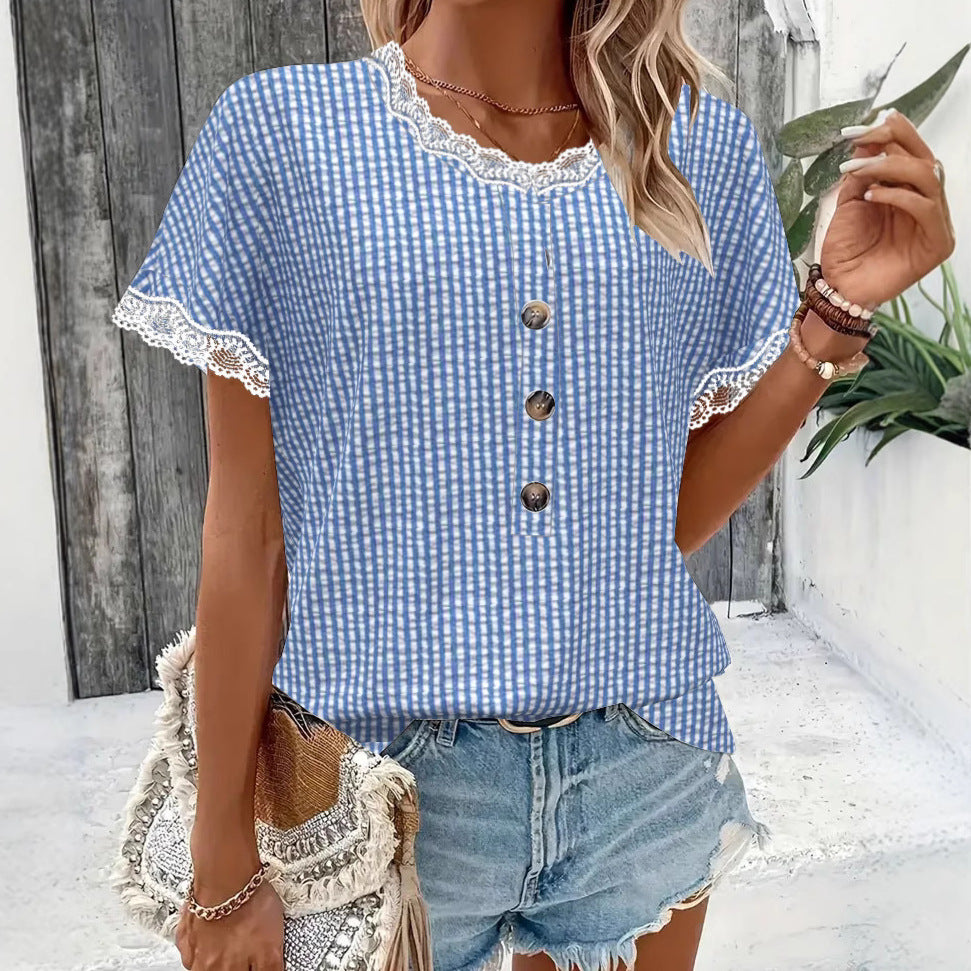 Women's short-sleeved Vichy check blouse with lace trim and decorative button placket StylebySassy