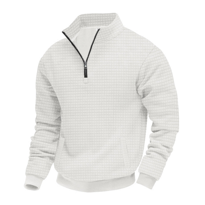 Men's quilted half-zip sweater with square waffle texture and kangaroo pocket StylebySassy