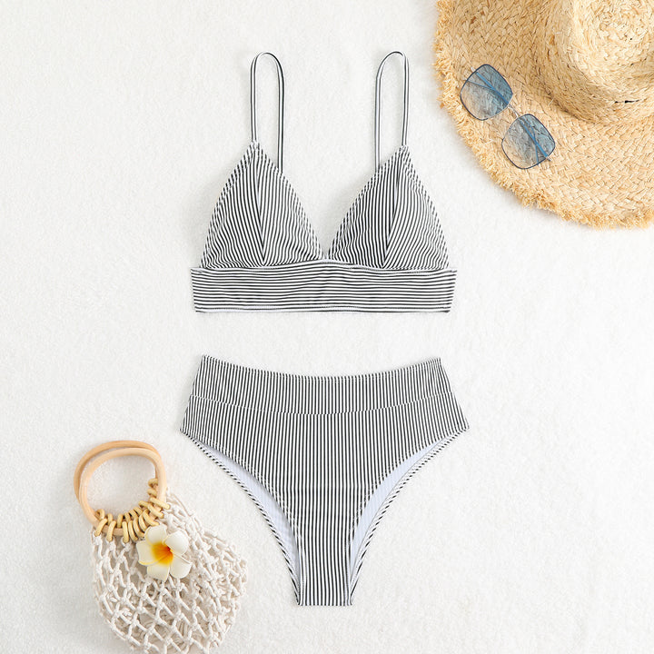 Women's High-Waisted Bikini Set with Fine Stripes StylebySassy