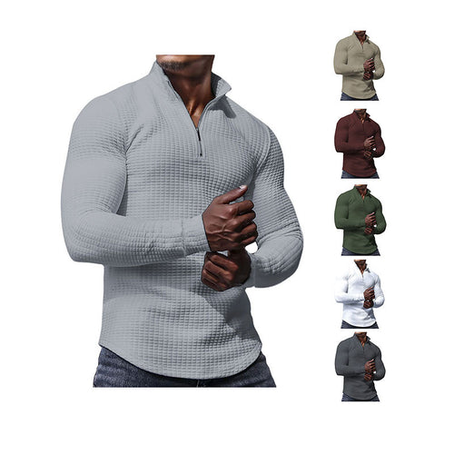 Men's tailored thermo half-zip pullover with waffle texture and standing collar StylebySassy