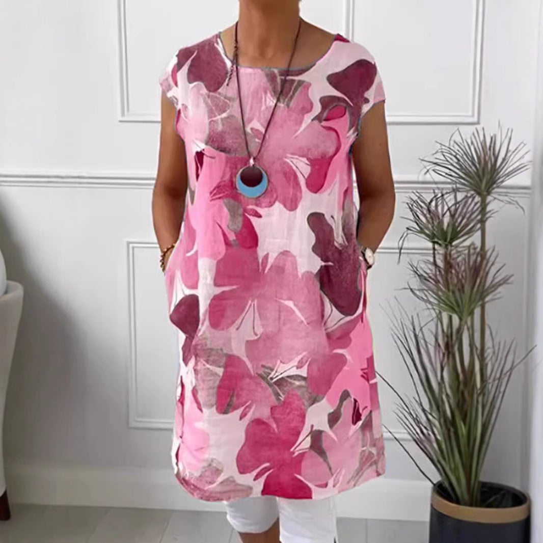 Ladies' airy tunic midi dress made of linen blend with watercolor flower print and side pockets StylebySassy