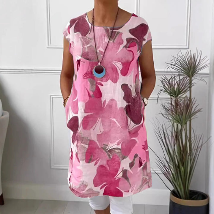 Ladies' airy tunic midi dress made of linen blend with watercolor flower print and side pockets StylebySassy