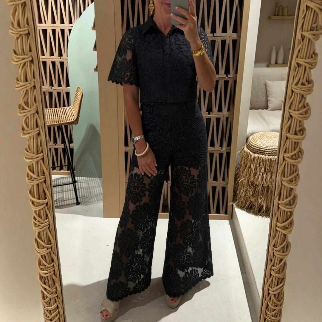 Women's elegant lace combination with short-sleeved blouse, scalloped hem, and tailored palazzo pants with tie belt StylebySassy