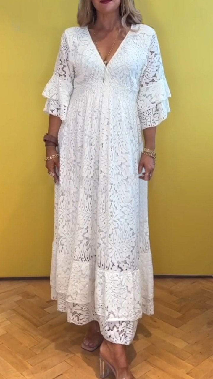 Women’s Boho Lace Maxi Dress with V-Neck, Underbust Seam, and Tiered Ruffle Sleeves StylebySassy