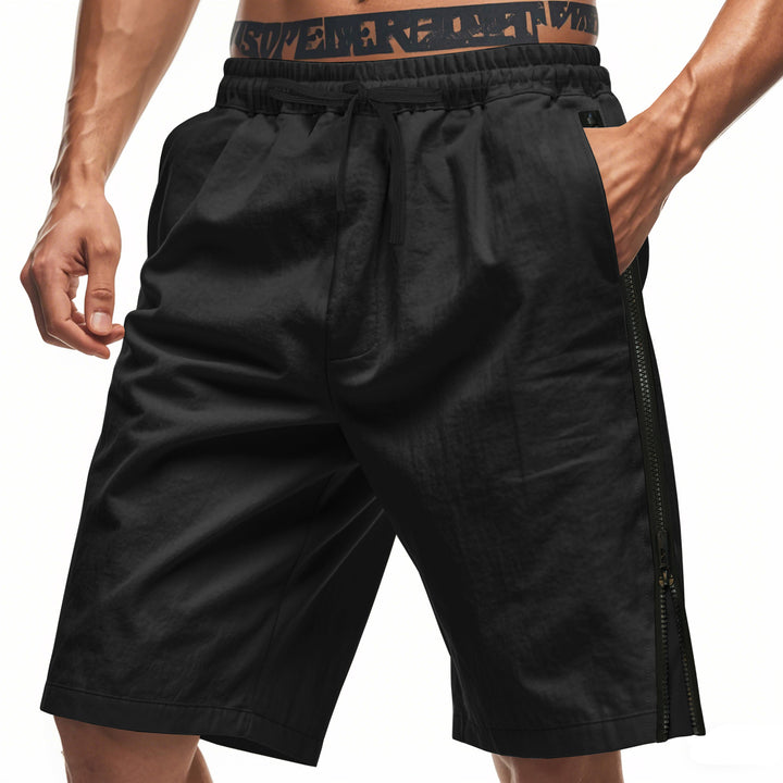 Men's lightweight training shorts with elastic drawstring waistband, side ventilation zippers, and slash pockets StylebySassy