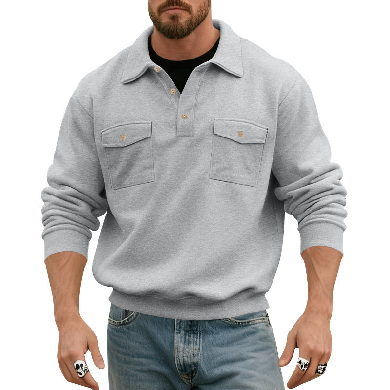 Men's polo collar sweatshirt with patch chest pockets and ribbed cuffs StylebySassy