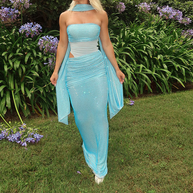 Women's Glamorous Evening Dress with Off-the-Shoulder Design and Sparkling Details StylebySassy