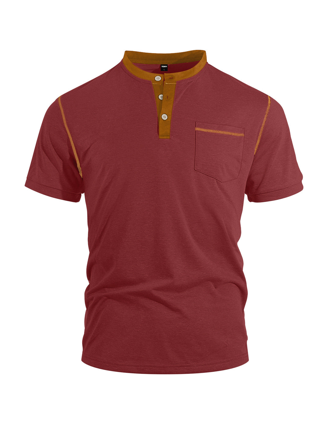 Men's short-sleeve band collar shirt with button placket, chest pocket, and flatlock seams StylebySassy