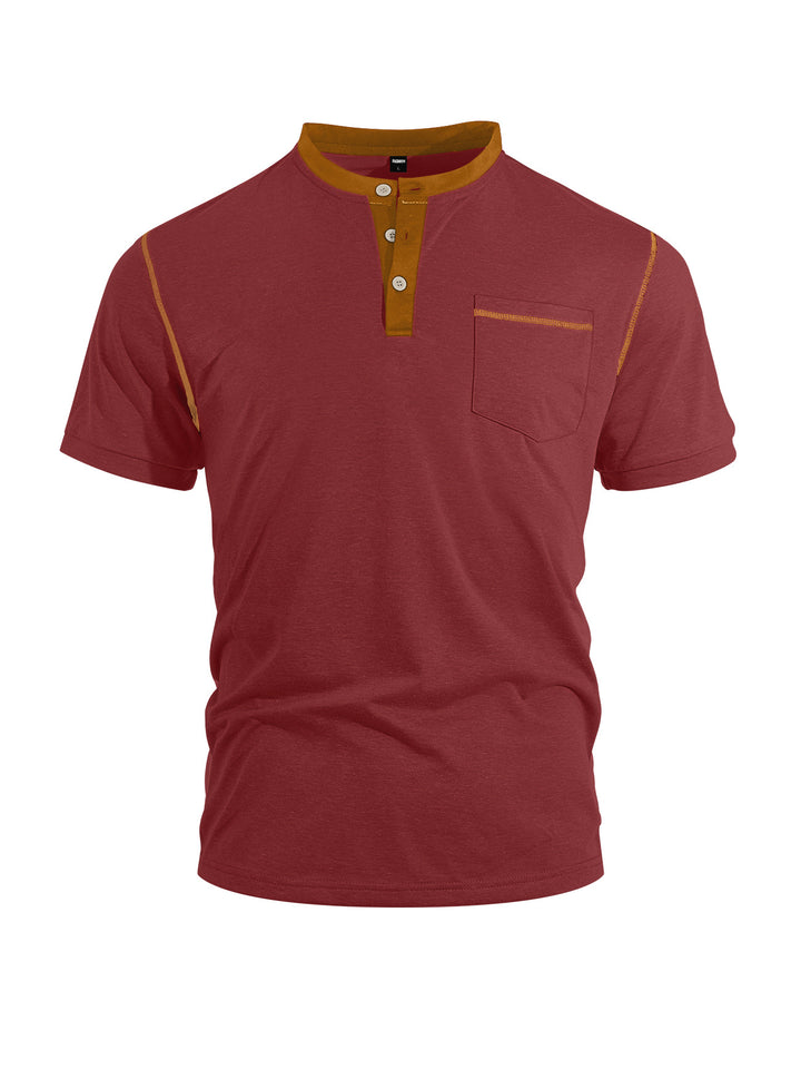 Men's short-sleeve band collar shirt with button placket, chest pocket, and flatlock seams StylebySassy