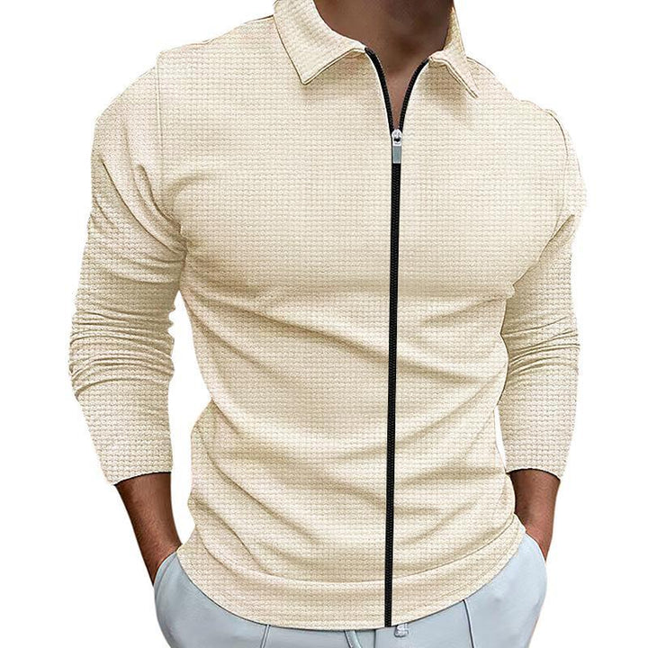 Men's tailored structured shirt jacket with turn-down collar and contrasting center zipper StylebySassy