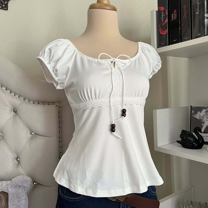 Women Playful Top with Lace Accents and Drawstring StylebySassy