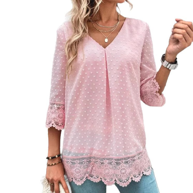 Women nan feminine chiffon tunic with dot relief, V-neck and crochet lace trim StylebySassy