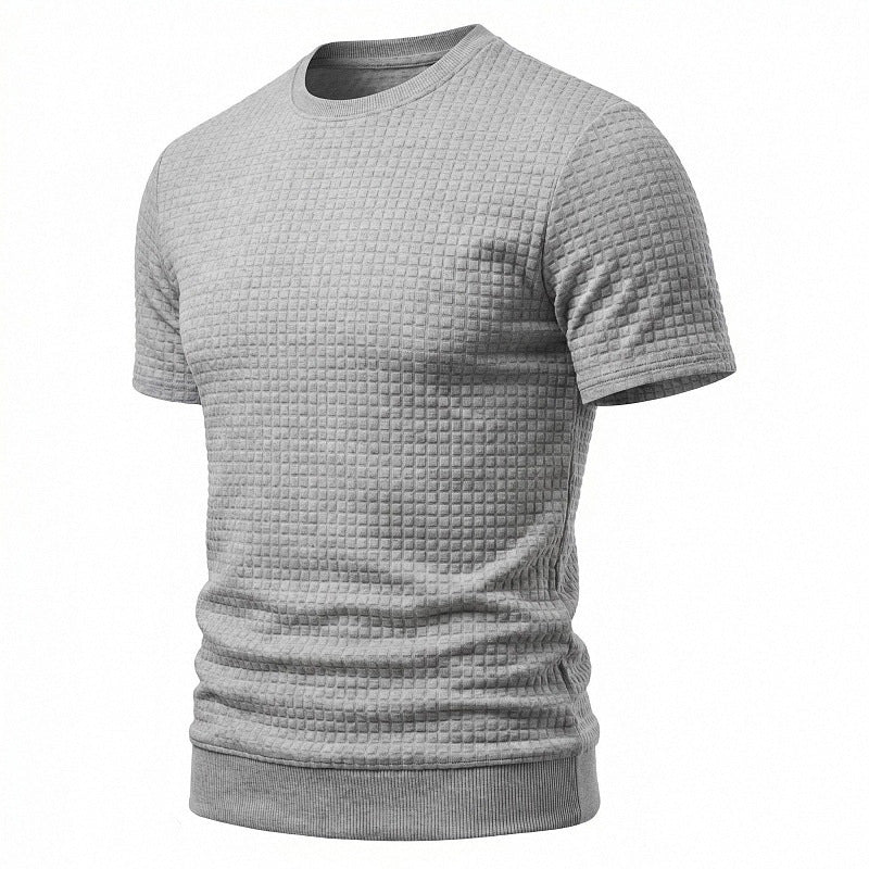 Men's short-sleeved knit shirt with embossed check structure, round neckline, and ribbed hem StylebySassy