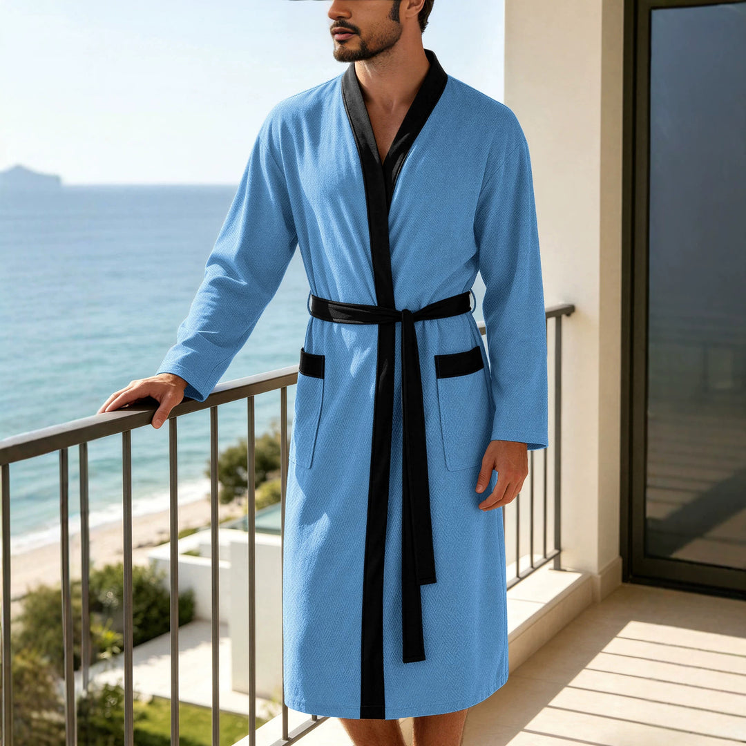 Men's lightweight cotton kimono bathrobe with waffle texture and patch pockets StylebySassy