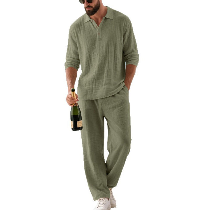 Men's relaxed cotton muslin resort set with polo collar button placket and wide comfort waistband StylebySassy
