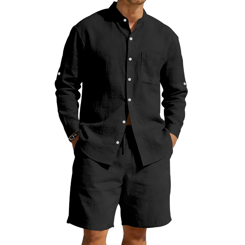 Men's casual linen set with stand collar shirt and drawstring shorts StylebySassy