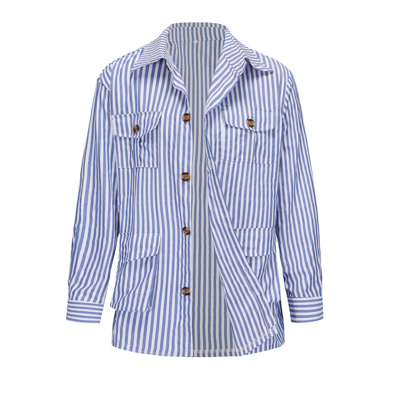 Women's striped shirt jacket made of cotton blend with patch breast and hip pockets StylebySassy