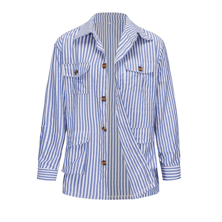 Women's striped shirt jacket made of cotton blend with patch breast and hip pockets StylebySassy