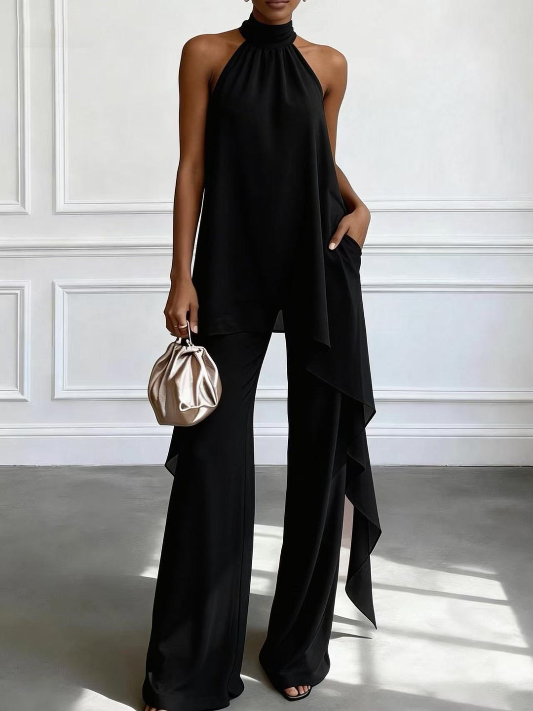Ladies' elegant evening two-piece with gathered stand collar, asymmetrical ruffle, and flowing flared trousers StylebySassy