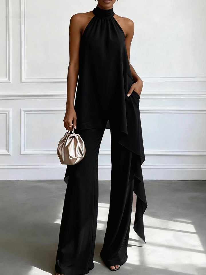 Ladies' elegant evening two-piece with gathered stand collar, asymmetrical ruffle, and flowing flared trousers StylebySassy