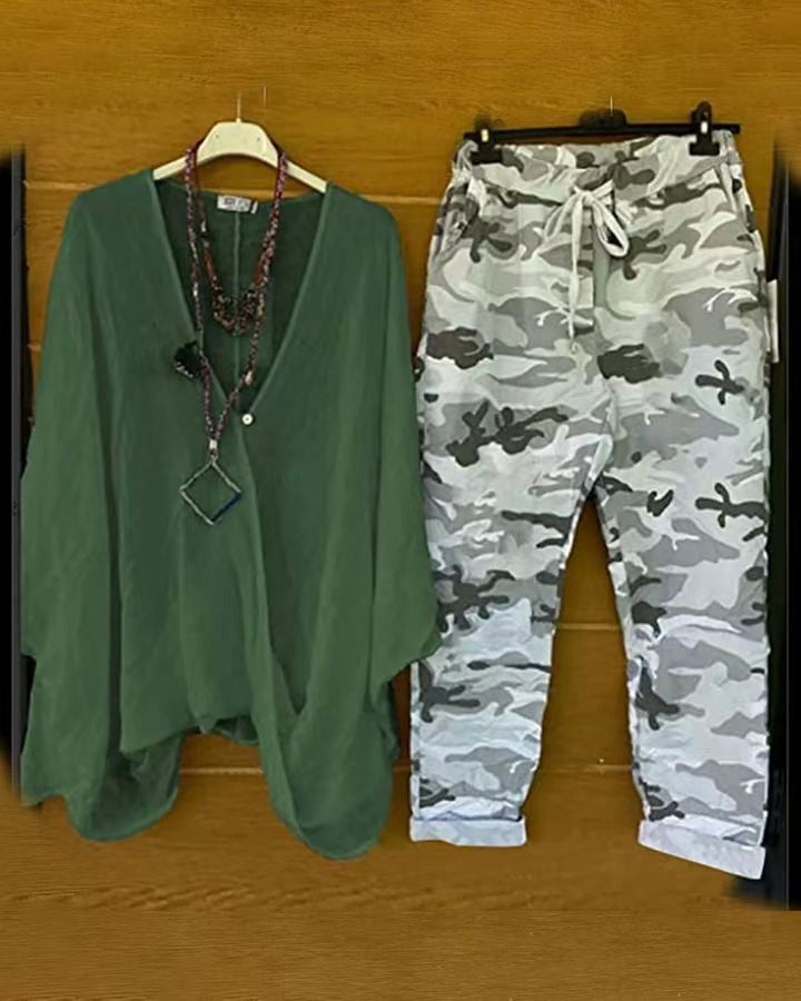 Women's two-piece outfit consisting of flowing kimono top and camouflage jogging pants StylebySassy