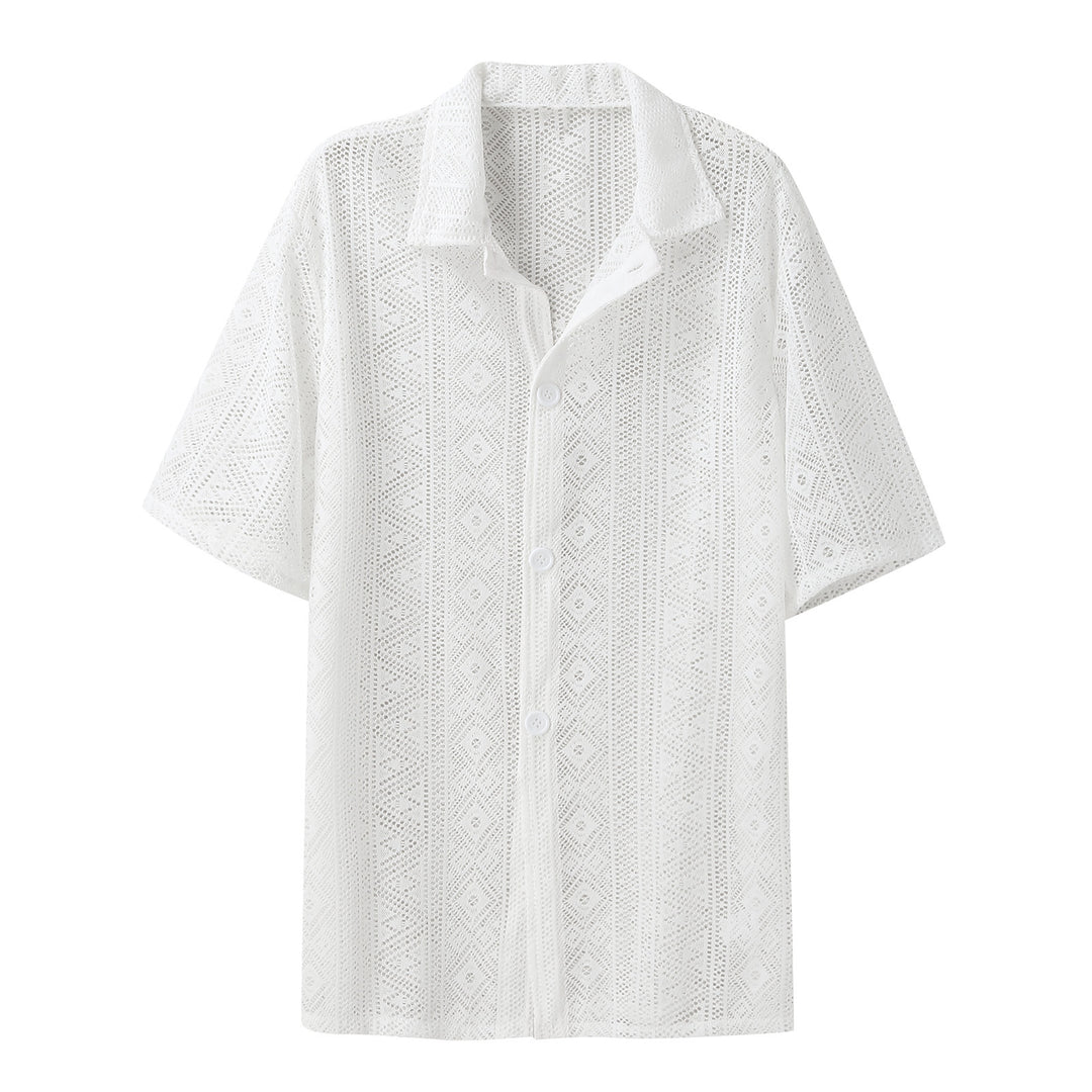 Women's light crocheted blouse with shirt collar and button placket StylebySassy